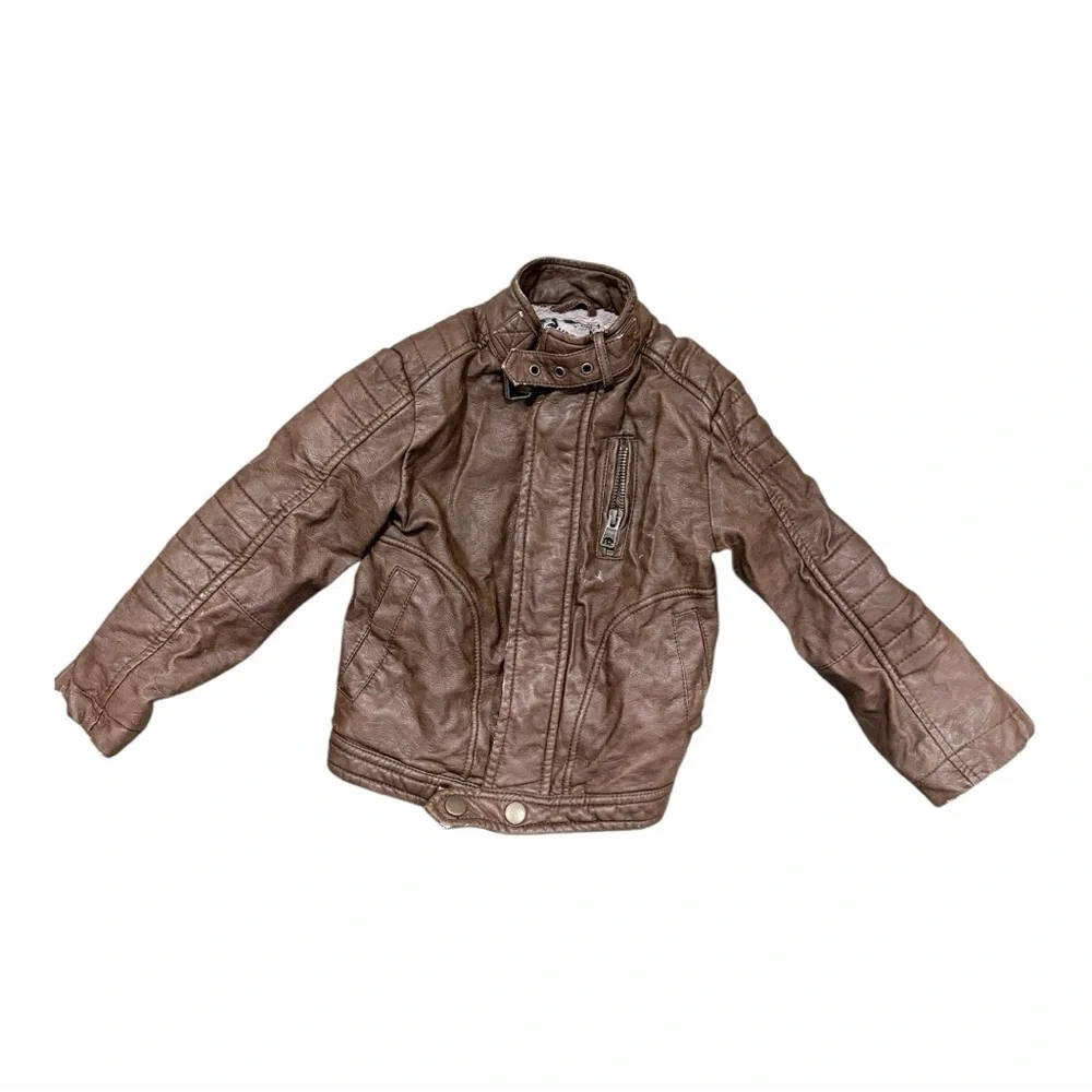 Kids first wave faux Brown Leather bomber/motto‎ Jacket Sherpa lined